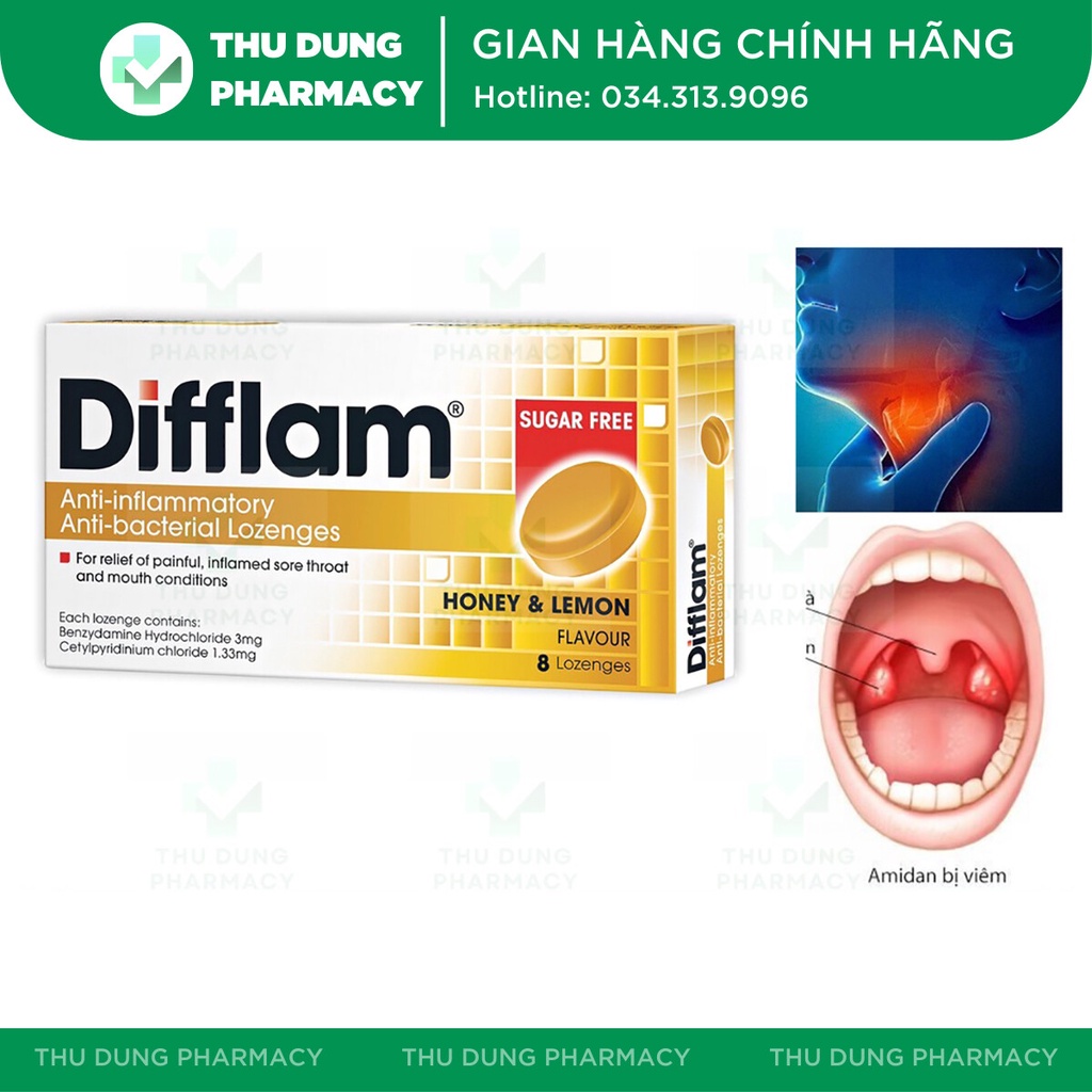 Viên Ngậm Viêm Họng Difflam, Giảm Đau Họng, Sưng Đau Cổ Họng, Viêm Họng, Viêm Amidan, Ngứa Kích Ứng Họng