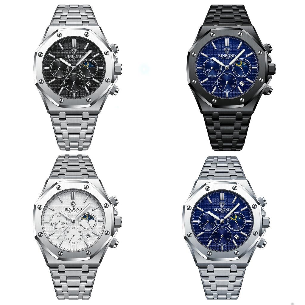 Đồng hồ nam 6 kim đồng hồ pin chính hãng Binbond 2233 mặt tròn dây thép 316L chống nước 3ATM bảo hành 12 tháng
