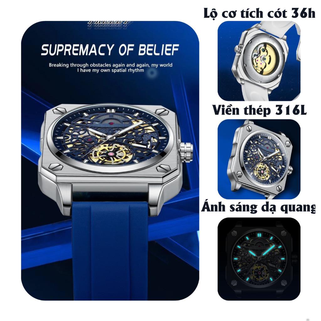 Đồng hồ nam cơ lộ đáy chính hãng BinBond 2211 viền dây thép 316L tích cót 36 tiếng mặt lộ tim chống nước BH 12T .