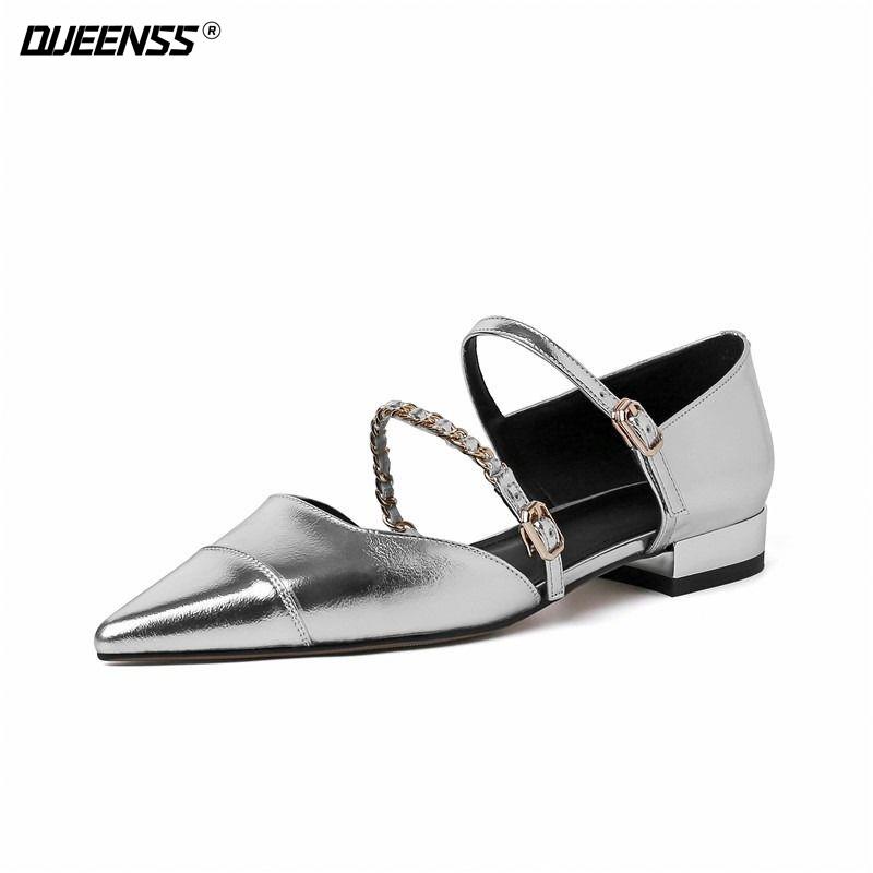 Giày Sandal Mary Jane Mũi Nhọn Đế Bằng Phối Dây Xích Bạc Phong Cách Retro Pháp Thời Trang Mùa Hè 2023 Mới