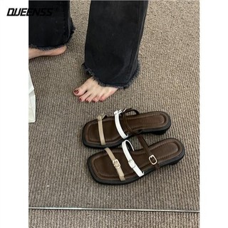 Dép sandal đế thấp mũi vuông hở ngón thời trang mùa hè phong cách retro cho nữ