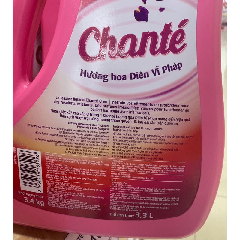 SALE TỐT NHẤT Nước giặt xả chante 3,4kg hương hoa hồng pháp, hoa diên vĩ pháp BABISTORE