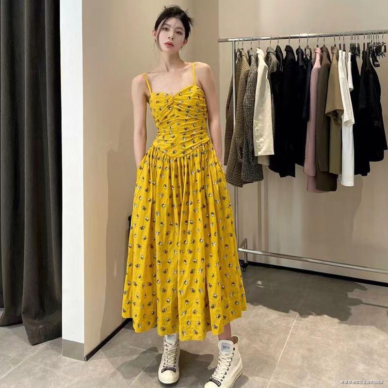Đầm Hai Dây Dáng Ôm In Hoa Màu Vàng Phong Cách retro Pháp Hàng Mới Dành Cho Bạn Nữ