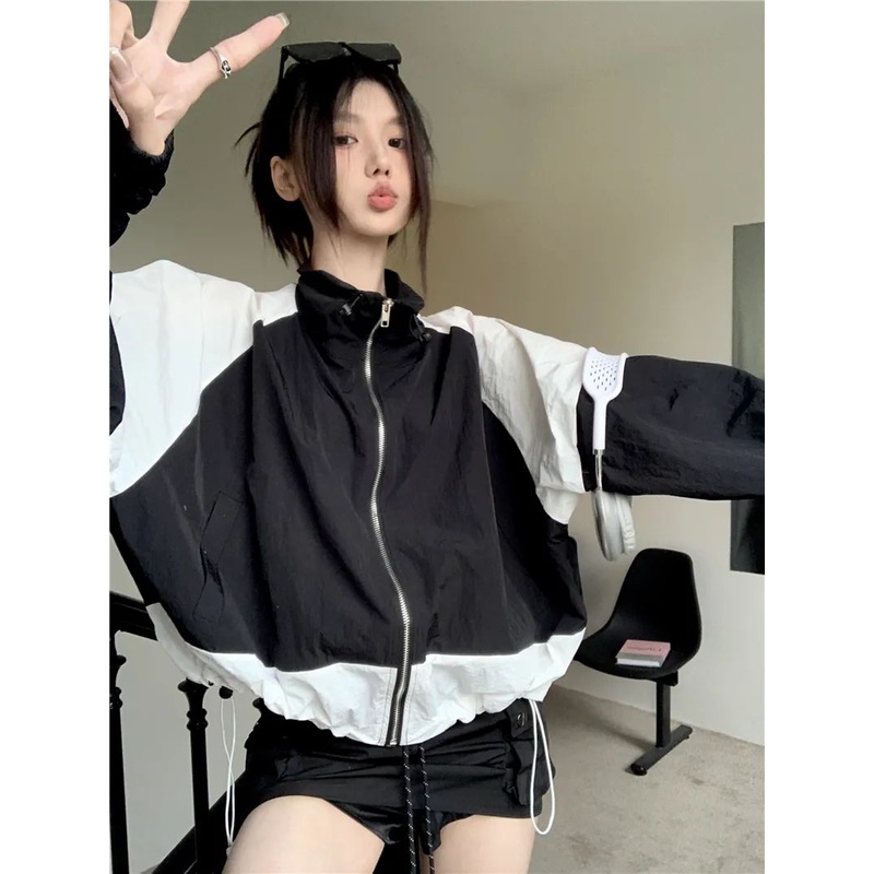 Áo Khoác Chống Nắng Mỏng Tay Dài Cổ Đứng Ghép Màu Tương Phản Phong Cách Mới Mùa Hè 2023 Cho Nữ