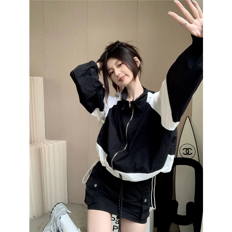 Áo Khoác Chống Nắng Mỏng Tay Dài Cổ Đứng Ghép Màu Tương Phản Phong Cách Mới Mùa Hè 2023 Cho Nữ