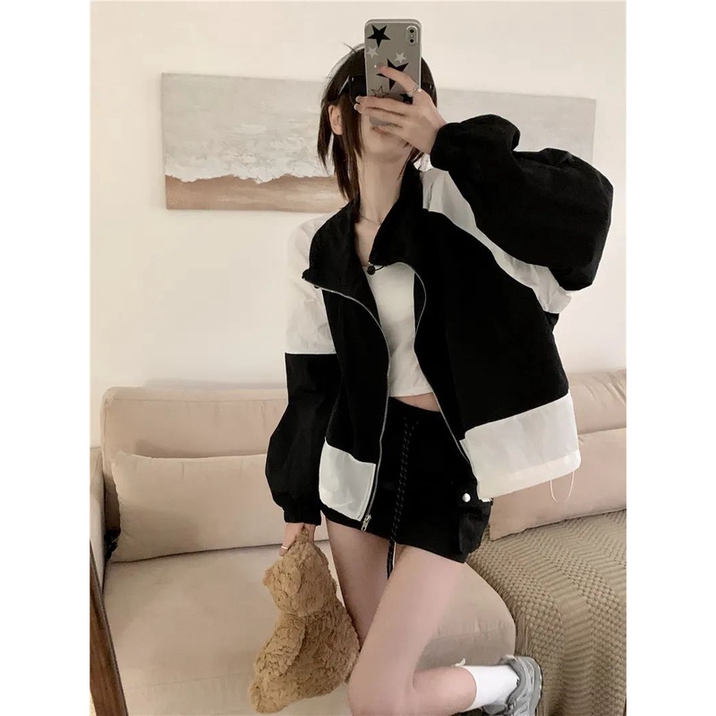 Áo Khoác Chống Nắng Mỏng Tay Dài Cổ Đứng Ghép Màu Tương Phản Phong Cách Mới Mùa Hè 2023 Cho Nữ