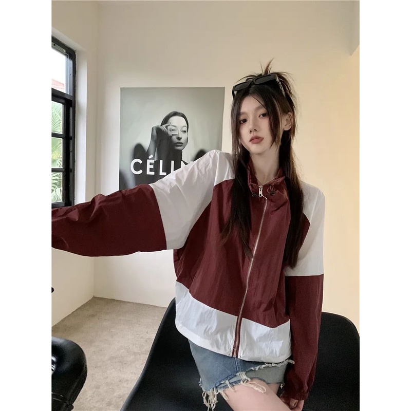 Áo Khoác Chống Nắng Mỏng Tay Dài Cổ Đứng Ghép Màu Tương Phản Phong Cách Mới Mùa Hè 2023 Cho Nữ