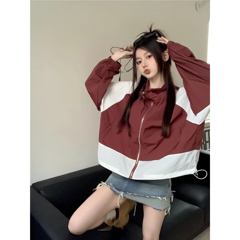 Áo Khoác Chống Nắng Mỏng Tay Dài Cổ Đứng Ghép Màu Tương Phản Phong Cách Mới Mùa Hè 2023 Cho Nữ