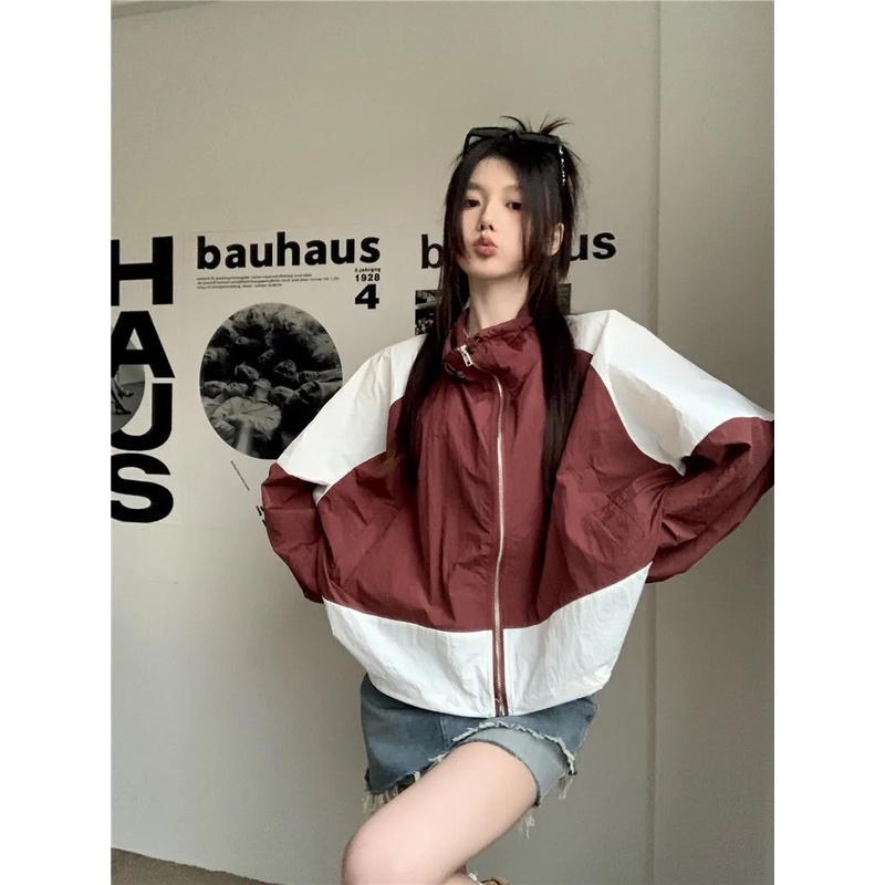 Áo Khoác Chống Nắng Mỏng Tay Dài Cổ Đứng Ghép Màu Tương Phản Phong Cách Mới Mùa Hè 2023 Cho Nữ