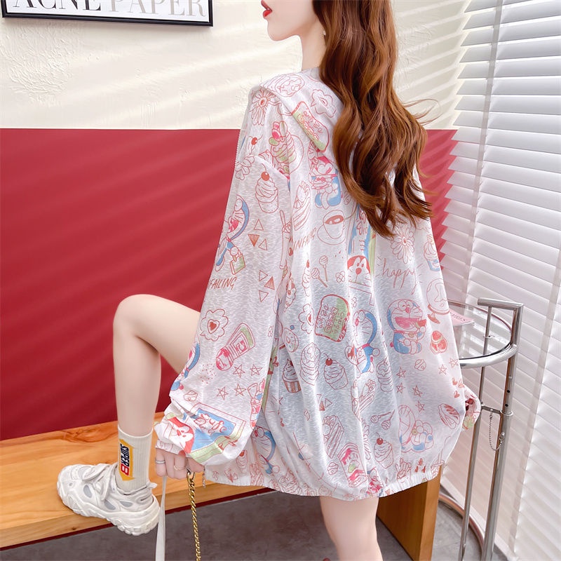 Áo Khoác Cardigan Có Nón Chống Nắng Thoáng Khí Size Lớn In Họa Tiết Hoạt Hình Thời Trang Mùa Hè Cho Nữ