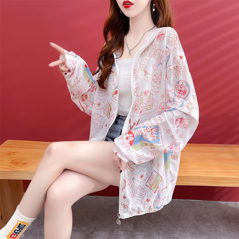 Áo Khoác Cardigan Có Nón Chống Nắng Thoáng Khí Size Lớn In Họa Tiết Hoạt Hình Thời Trang Mùa Hè Cho Nữ