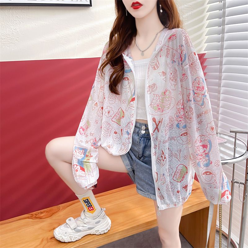 Áo Khoác Cardigan Có Nón Chống Nắng Thoáng Khí Size Lớn In Họa Tiết Hoạt Hình Thời Trang Mùa Hè Cho Nữ