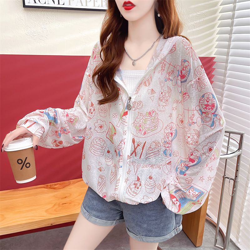 Áo Khoác Cardigan Có Nón Chống Nắng Thoáng Khí Size Lớn In Họa Tiết Hoạt Hình Thời Trang Mùa Hè Cho Nữ