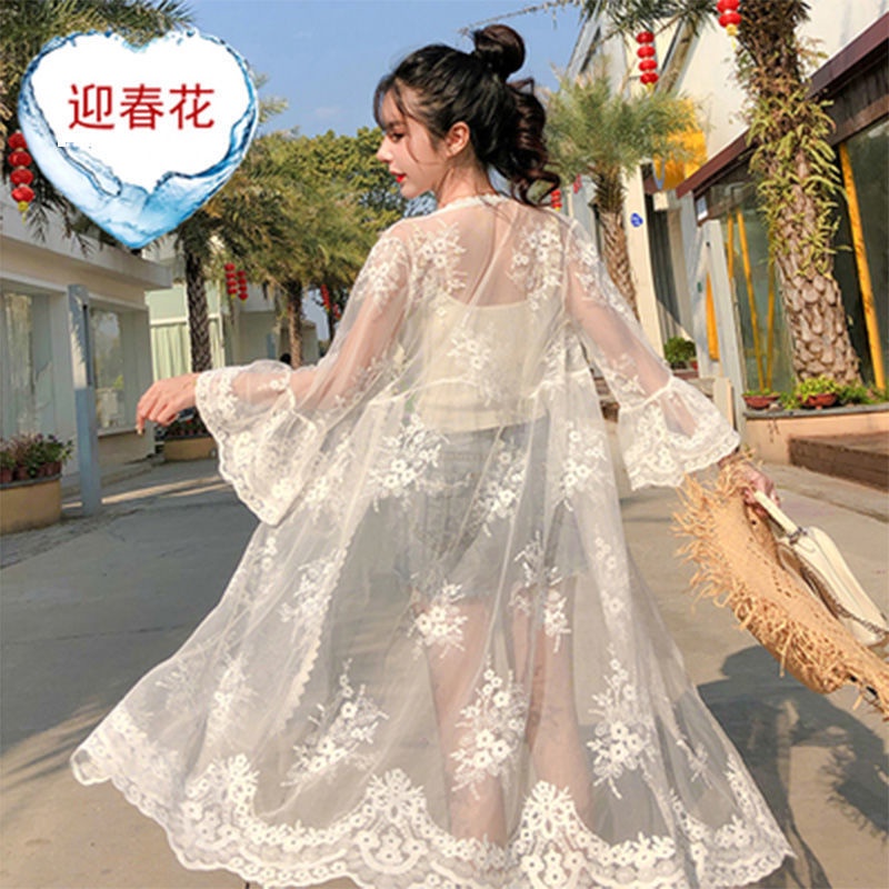 Áo Khoác Cardigan Chống Nắng Dáng Rộng Tay Loe Bằng Vải Tuyn Phối Ren Phong Cách Mới Mùa Hè Dành Cho Bạn Nữ