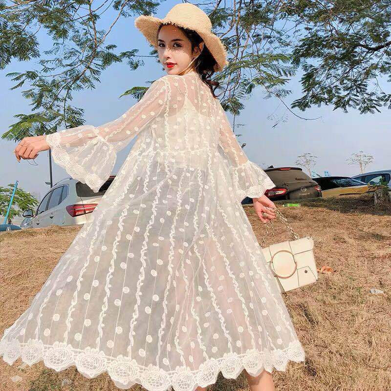 Áo Khoác Cardigan Chống Nắng Dáng Rộng Tay Loe Bằng Vải Tuyn Phối Ren Phong Cách Mới Mùa Hè Dành Cho Bạn Nữ