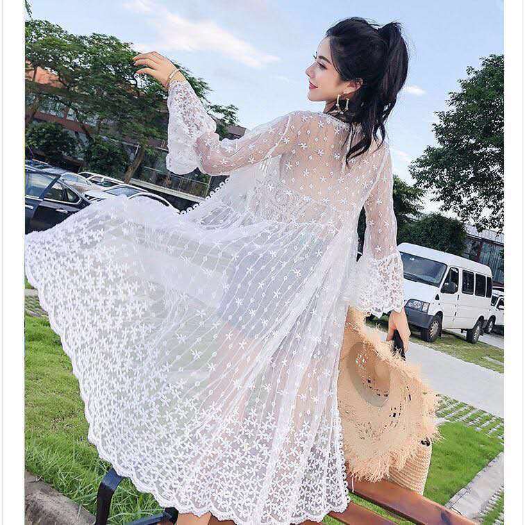 Áo Khoác Cardigan Chống Nắng Dáng Rộng Tay Loe Bằng Vải Tuyn Phối Ren Phong Cách Mới Mùa Hè Dành Cho Bạn Nữ