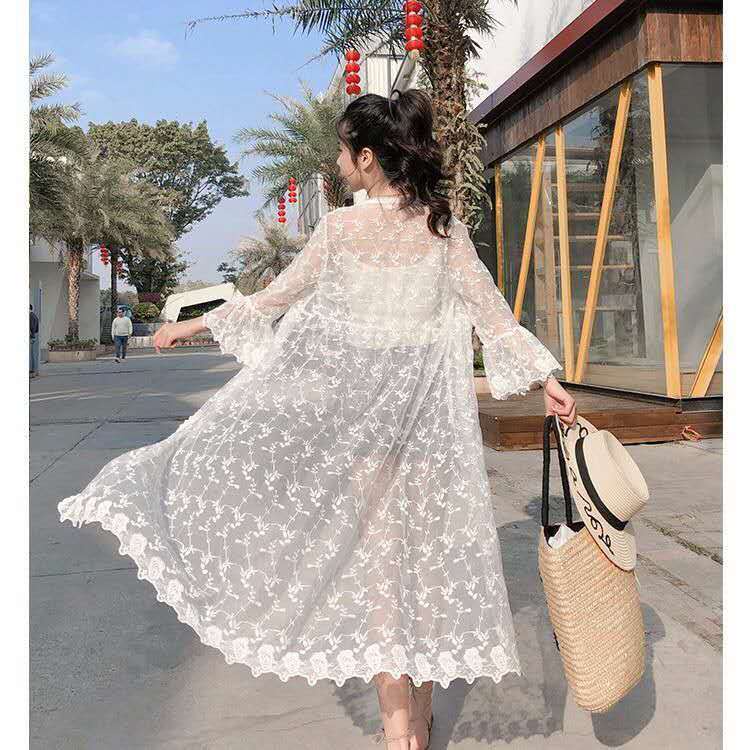 Áo Khoác Cardigan Chống Nắng Dáng Rộng Tay Loe Bằng Vải Tuyn Phối Ren Phong Cách Mới Mùa Hè Dành Cho Bạn Nữ