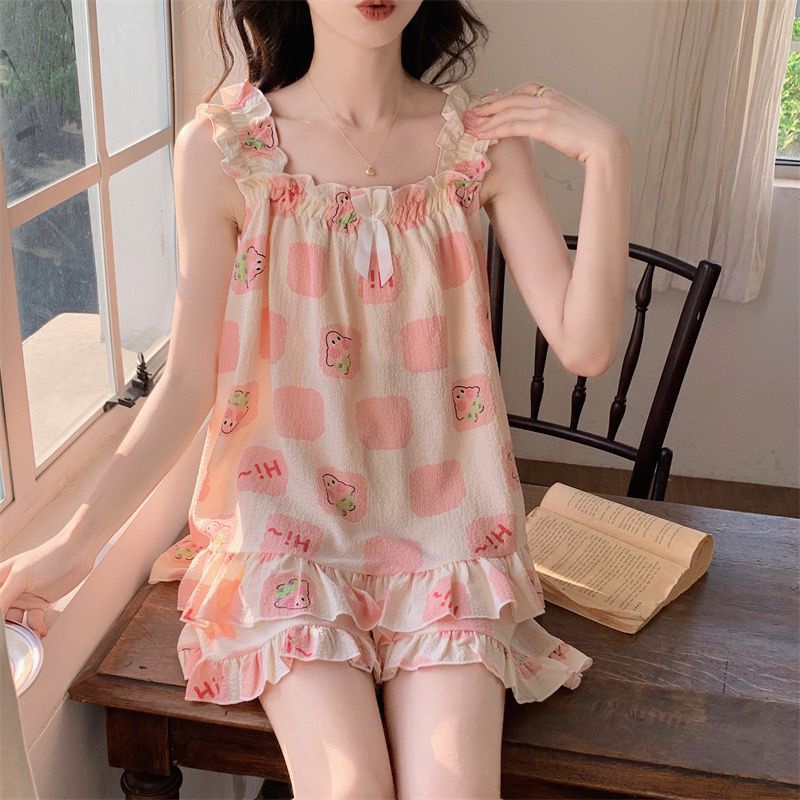 [Hàng Có Sẵn Giao Hàng Nhanh] Bộ Đồ Ngủ Ngắn Hai Dây Dệt Cotton Có Đệm Ngực Hình Ngôi Sao Patty Phong Cách Hàn Quốc Dễ Thương Mùa Hè Cho