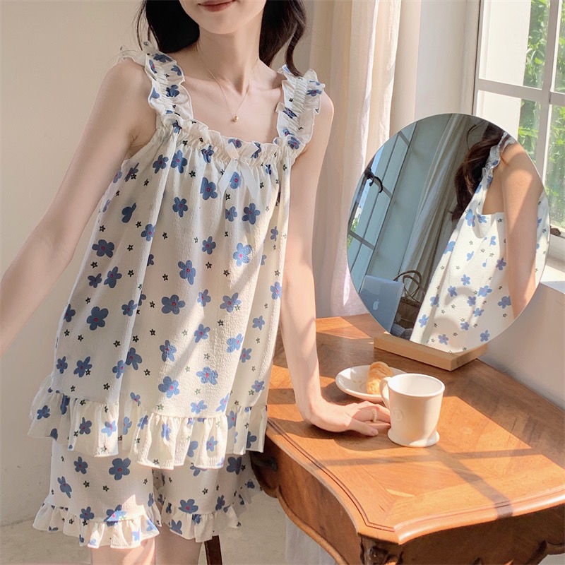 [Hàng Có Sẵn Giao Hàng Nhanh] Bộ Đồ Ngủ Ngắn Hai Dây Dệt Cotton Có Đệm Ngực Hình Ngôi Sao Patty Phong Cách Hàn Quốc Dễ Thương Mùa Hè Cho
