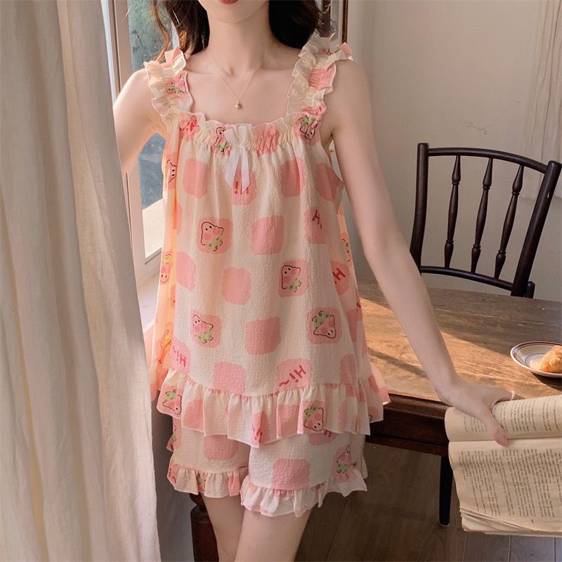 [Hàng Có Sẵn Giao Hàng Nhanh] Bộ Đồ Ngủ Ngắn Hai Dây Dệt Cotton Có Đệm Ngực Hình Ngôi Sao Patty Phong Cách Hàn Quốc Dễ Thương Mùa Hè Cho