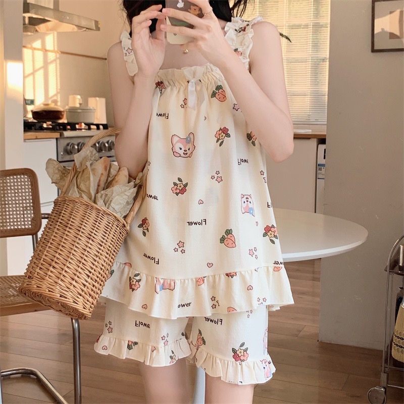 [Hàng Có Sẵn Giao Hàng Nhanh] Bộ Đồ Ngủ Ngắn Hai Dây Dệt Cotton Có Đệm Ngực Hình Ngôi Sao Patty Phong Cách Hàn Quốc Dễ Thương Mùa Hè Cho