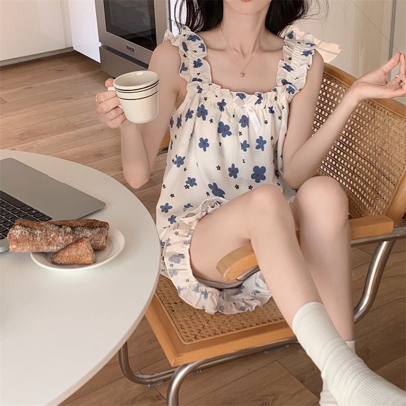 [Hàng Có Sẵn Giao Hàng Nhanh] Bộ Đồ Ngủ Ngắn Hai Dây Dệt Cotton Có Đệm Ngực Hình Ngôi Sao Patty Phong Cách Hàn Quốc Dễ Thương Mùa Hè Cho