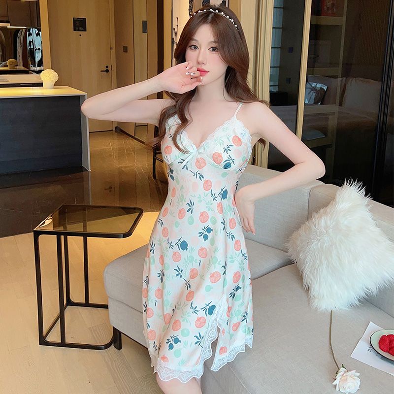 [Hàng Có Sẵn Giao Hàng Nhanh] Đầm Ngủ Lụa Lạnh Hai Dây Có Đệm Ngực In Họa Tiết Phong Cách Desire Mùa Hè Quyến Rũ Cho Nữ