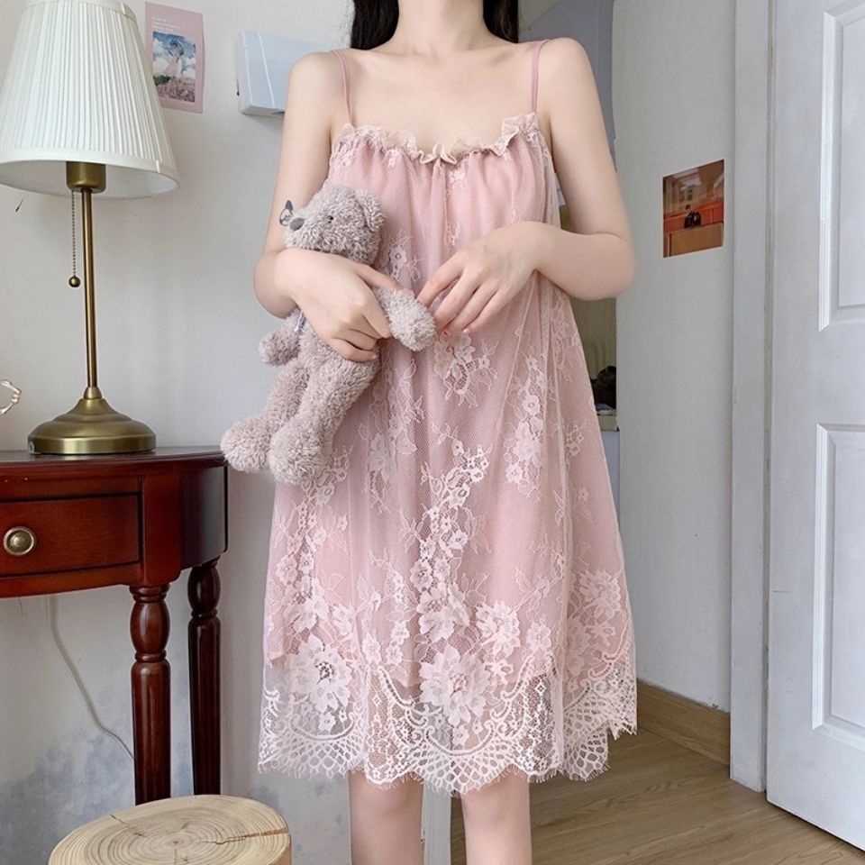 [Hàng Có Sẵn Giao Hàng Nhanh] Đầm Ngủ Hai Dây Phối Ren Mỏng Phong Cách Mùa Hè Bán Chạy Phong Cách Mới Quyến Rũ Cho Nữ