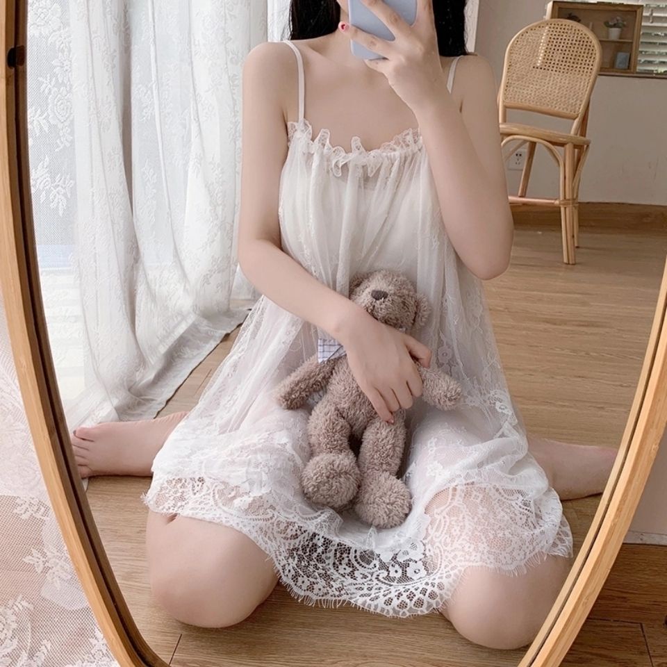 [Hàng Có Sẵn Giao Hàng Nhanh] Đầm Ngủ Hai Dây Phối Ren Mỏng Phong Cách Mùa Hè Bán Chạy Phong Cách Mới Quyến Rũ Cho Nữ