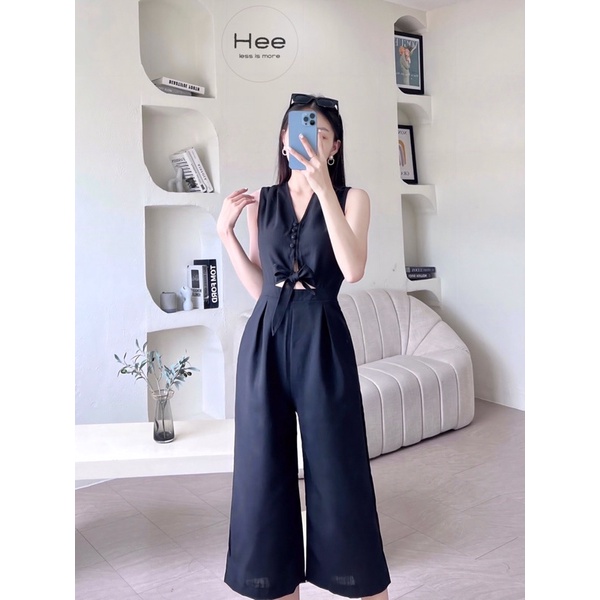 Jumpsuits nữ thắt nơ eo tôn dáng màu đen, đồ bay lửng - Hee [J01]