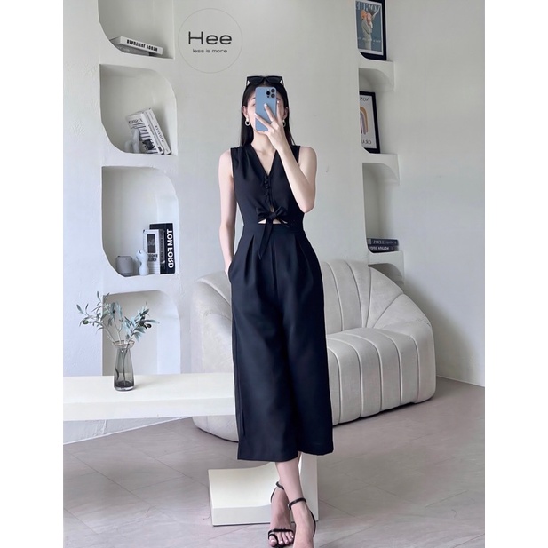 Jumpsuits nữ thắt nơ eo tôn dáng màu đen, đồ bay lửng - Hee [J01]