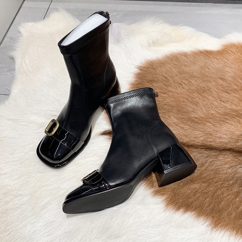 Giày Bốt Da Mũi Vuông Phối Khóa Kim Loại Phong Cách Anh Quốc Thời Trang Mùa Thu 2022 Cho Nữ