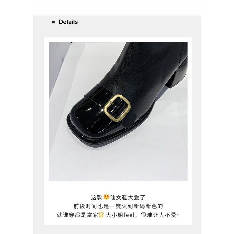 Giày Bốt Da Mũi Vuông Phối Khóa Kim Loại Phong Cách Anh Quốc Thời Trang Mùa Thu 2022 Cho Nữ