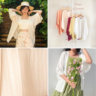 Kimono đũi tằm Betterista màu trắng và be, áo khoác mỏng freesize