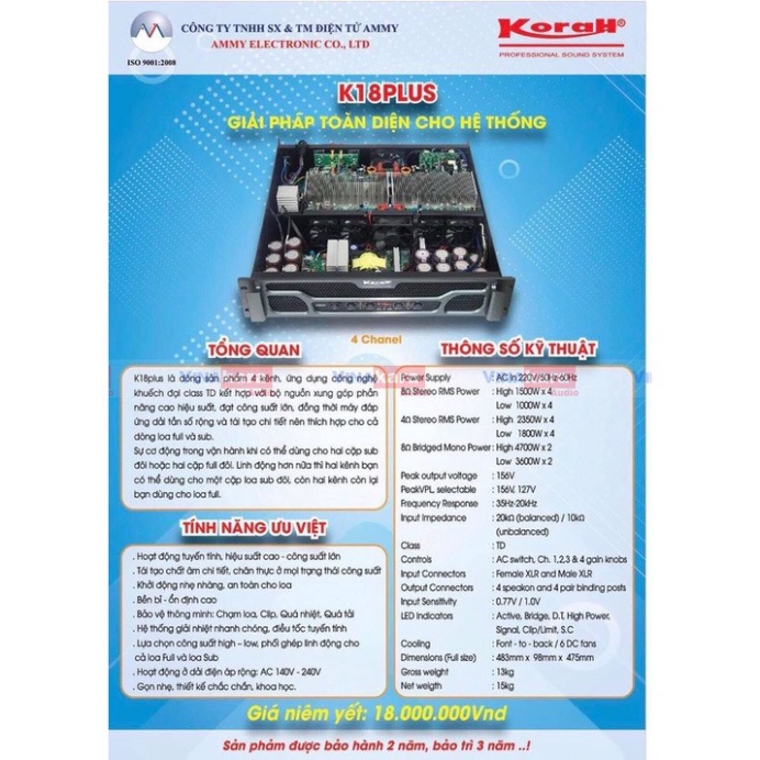 CỤC ĐẨY 4 KÊNH KORAH K18 PLUS, BẢO HÀNH 24 THÁNG, HÀNG CHÍNH HÃNG