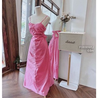 Đầm maxi hồng xòe 2 dây hở lưng đan nơ 0806