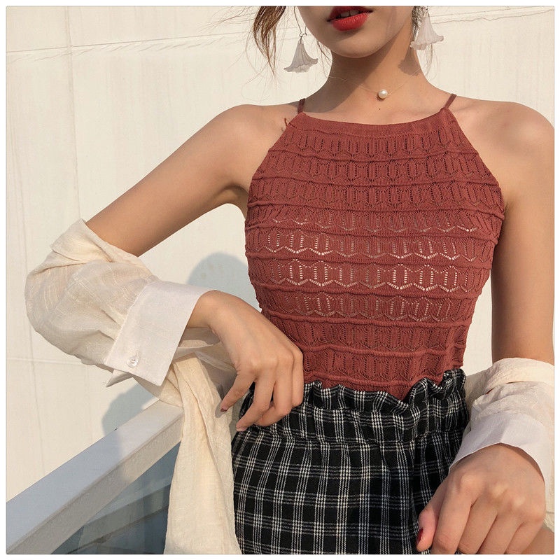 Hàng Mới Về Mới Áo Dệt Kim Hai Dây Họa Tiết Khoét Lỗ Dáng Ôm Thời Trang Mùa Hè Chất Lượng Cao Cho Nữ