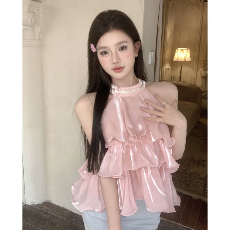 Hàng Mới Về Mới Áo Sát Nách Cổ Yếm Đính Đá Phối Bèo Màu Hồng Thời Trang Mùa Hè 2023 Cho Nữ