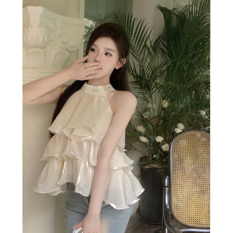 Hàng Mới Về Mới Áo Sát Nách Cổ Yếm Đính Đá Phối Bèo Màu Hồng Thời Trang Mùa Hè 2023 Cho Nữ