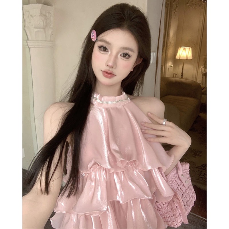Hàng Mới Về Mới Áo Sát Nách Cổ Yếm Đính Đá Phối Bèo Màu Hồng Thời Trang Mùa Hè 2023 Cho Nữ