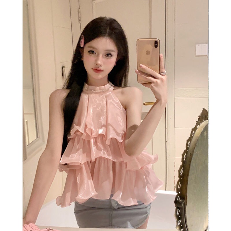 Hàng Mới Về Mới Áo Sát Nách Cổ Yếm Đính Đá Phối Bèo Màu Hồng Thời Trang Mùa Hè 2023 Cho Nữ