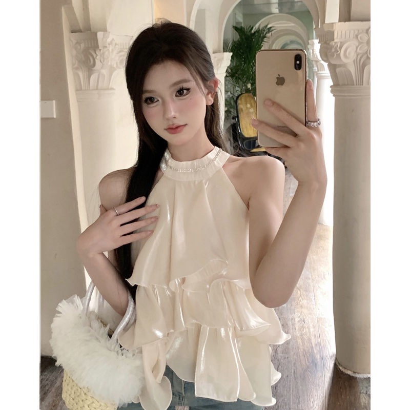 Hàng Mới Về Mới Áo Sát Nách Cổ Yếm Đính Đá Phối Bèo Màu Hồng Thời Trang Mùa Hè 2023 Cho Nữ