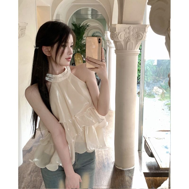 Hàng Mới Về Mới Áo Sát Nách Cổ Yếm Đính Đá Phối Bèo Màu Hồng Thời Trang Mùa Hè 2023 Cho Nữ