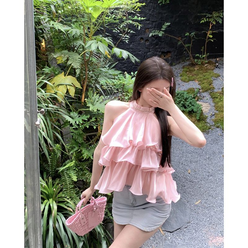 Hàng Mới Về Mới Áo Sát Nách Cổ Yếm Đính Đá Phối Bèo Màu Hồng Thời Trang Mùa Hè 2023 Cho Nữ