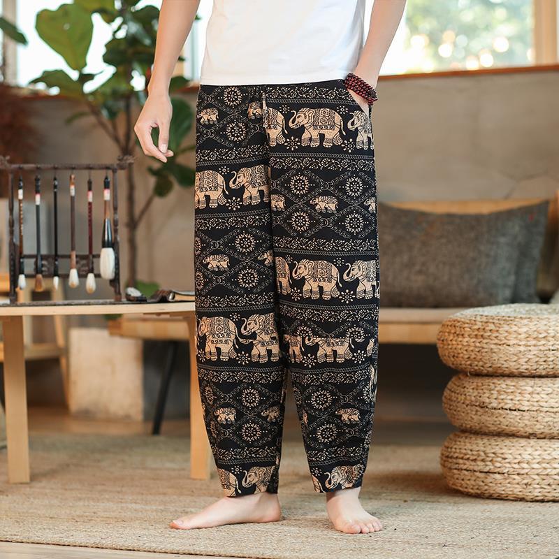 Quần Dài Vải Lanh Ống Rộng In Hình Voi Thái Lan Cỡ Lớn 6.9 Cho Nam