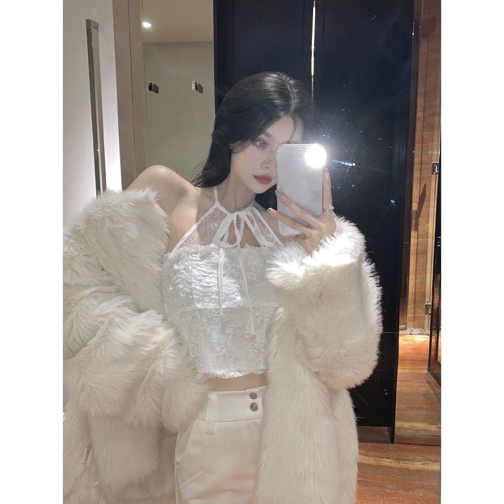 Hàng Mới Về Mới Áo Hai Dây Phối Ren Màu Trắng Thuần Khiết Quyến Rũ Thời Trang Thu Đông Cho Nữ