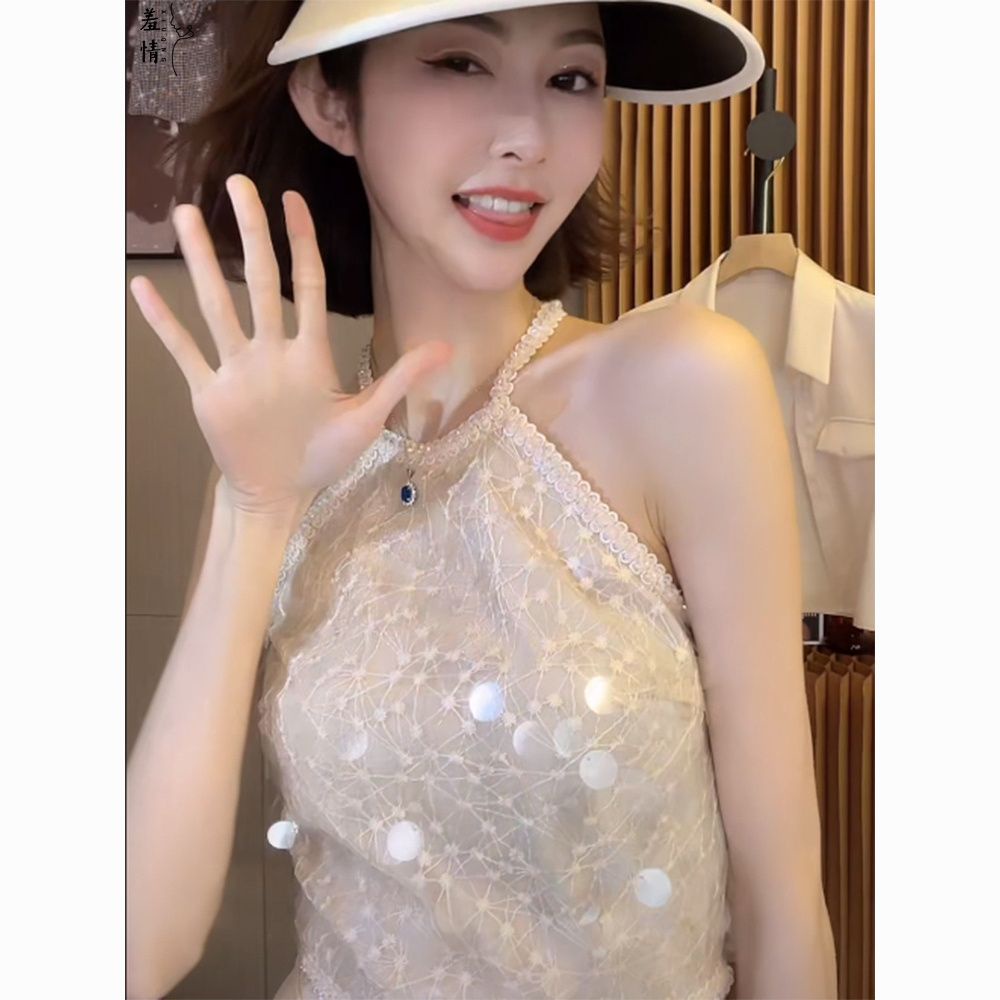 Hàng Mới Về Mới Áo Voan 2 Dây Cổ Tròn Đính Kim Sa Lấp Lánh Chất Lượng Cao Cho Nữ