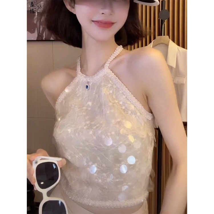 Hàng Mới Về Mới Áo Voan 2 Dây Cổ Tròn Đính Kim Sa Lấp Lánh Chất Lượng Cao Cho Nữ