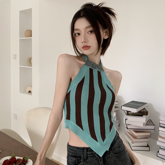 Hàng Mới Về Mới Áo Hai Dây Dệt Kim Kẻ Sọc Hở Lưng Quyến Rũ Thời Trang Mùa Hè Cho Nữ