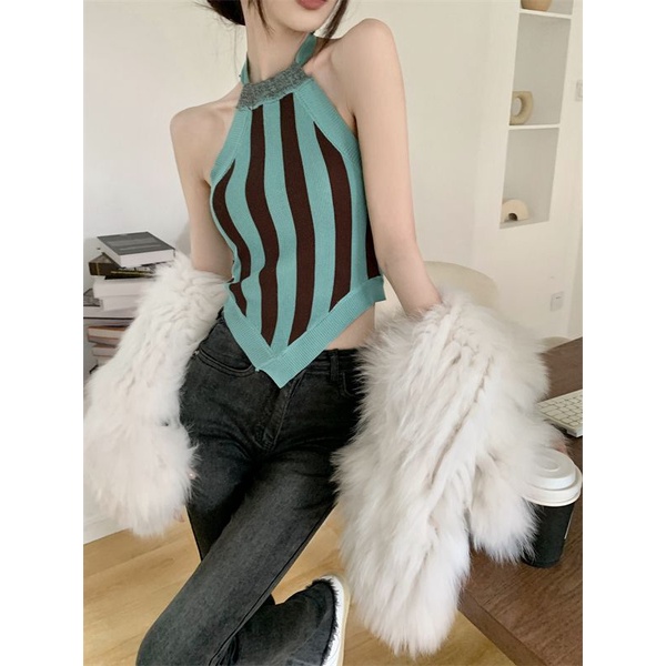 Hàng Mới Về Mới Áo Hai Dây Dệt Kim Kẻ Sọc Hở Lưng Quyến Rũ Thời Trang Mùa Hè Cho Nữ